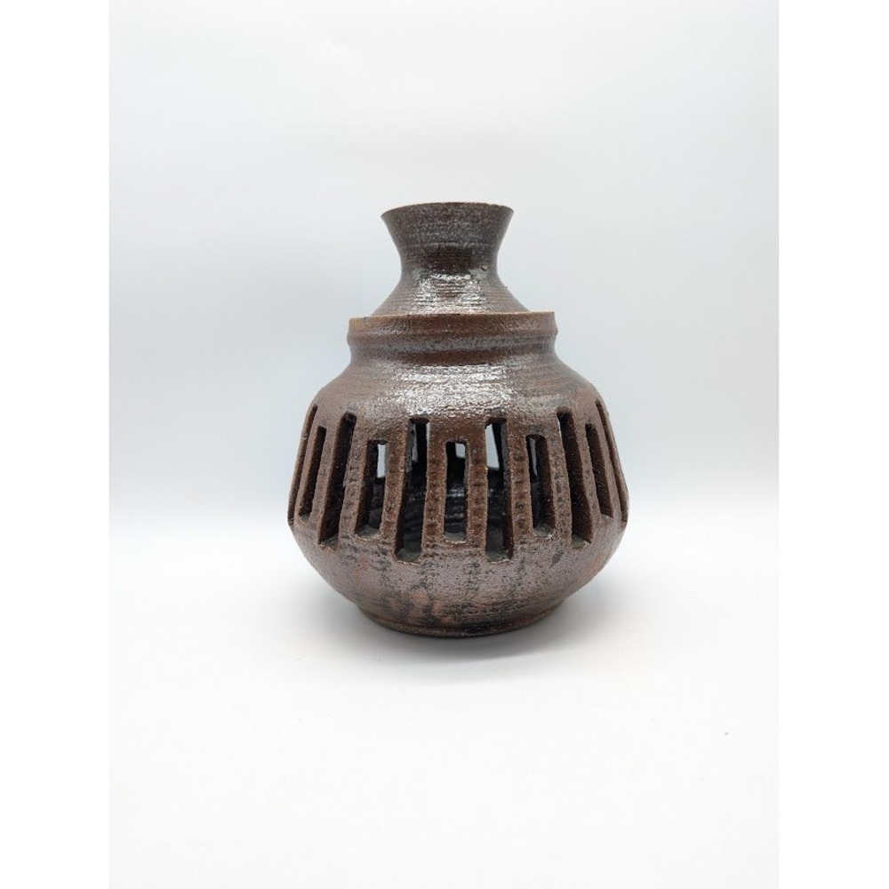 Vtg Studio Art Pottery Brutalist Stoneware Vase Candle Holder 8" Signed Cutout